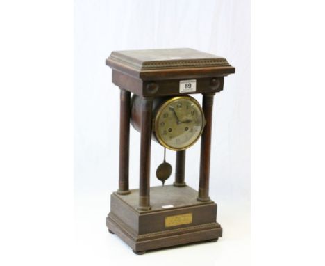 Oak cased key wind Mantle clock on column supports with 1920's dedication