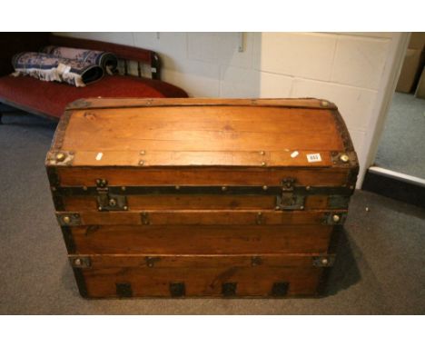 Large 19th century Pine Domed Top Seaman's Style Travelling Trunk with Iron Strapping and Brass Studs