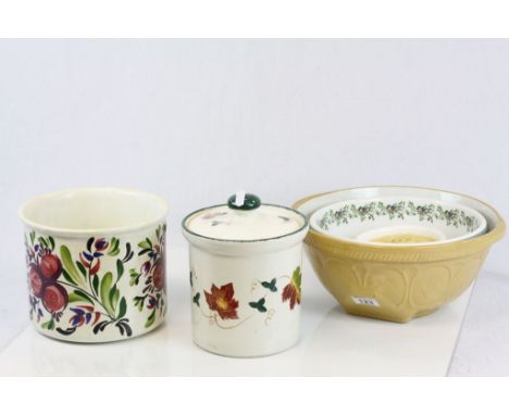 Two Portmeirion bowls, a Portmierion planter a lidded \Poole cannister and a T G Green mixing bowl