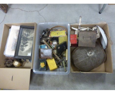Three boxes of mixed collectables to include; tins, cigarette boxes, stereo viewer, scales, brass stoves, framed print etc