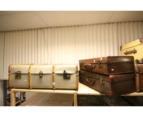 Vintage Wooden Bound Suitcase, Small Leather Case and another Case