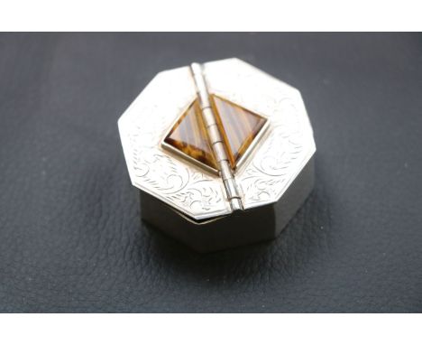 Tigers eye and silver double compartment hinged lid hexagonal trinket pot, engraved foliate decoration, approximately 4.5cm b