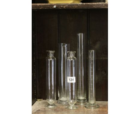 Five Vintage Glass Laboratory / Scientific Measuring Tubes / Jugs