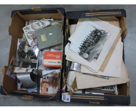 Two boxes of vintage Glass slides, photographs including Military, postcards, Stereocard viewer, fans etc