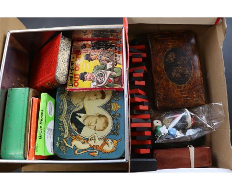 Several cased sets of dominoes, vintage tins, playing cards, treen card boxes etc