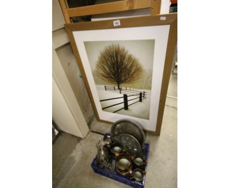 David Lorenz Winston Framed Poster, Copper Escargot Pan, Four Copper Lustre Jugs and Three Piece Silver Plated Tea Service wi