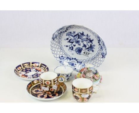 Meissen blue & white Onion plate & cup, Meissen style kittens in a basket group & two Royal Crown Derby cups and saucers in I