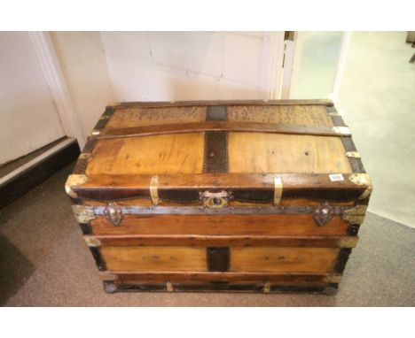 Large 19th century Wooden and Iron Bound Seaman's Style Travelling Trunk with Brass Strapping and Two Leather Carrying Handle
