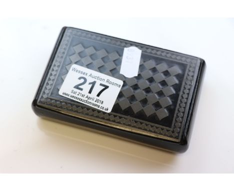 A papier mache and pewter inlaid checkerboard snuff box, two salt spoons etc
