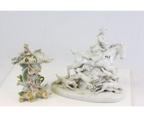 Continental ceramic vase with Sea theme and a porcelain Hunting theme centrepiece with rider & dogs