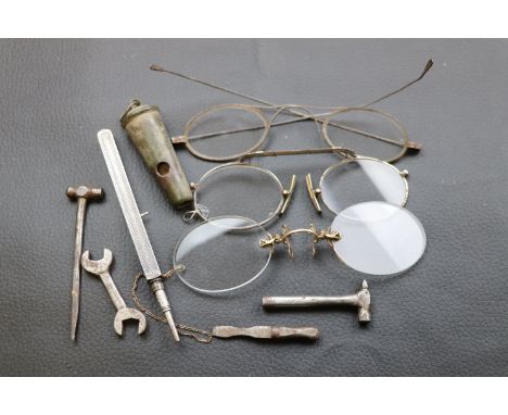 Beaufort whistle, white metal propelling pencil, miniature tools and vintage spectacles