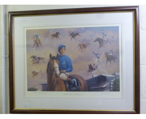 Framed and Glazed B R Linklater Signed Limited Edition Horse Racing Print ' Frankie Dettori Ascot Seven ' no. 387/950, also s
