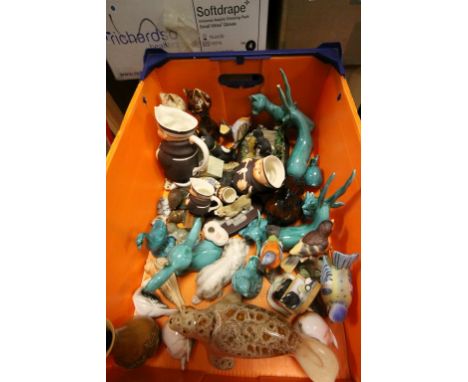 Tray of Mixed Collectable Ceramics including Set of Three Goebel Monk Jugs plus Cats and other Animals