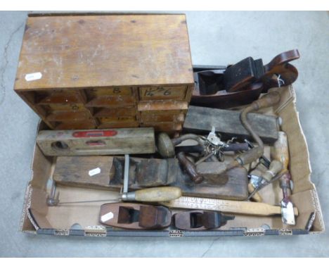 Mixed Lot of Tools including Small Multi Drawer Chest, Wood Planes, Spirit Level, Ruler, etc