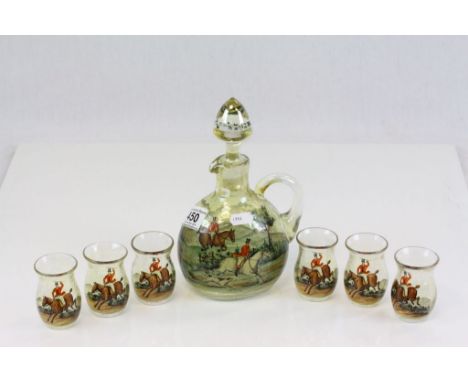 Vintage glass Decanter with six glasses all with Hunting theme decoration