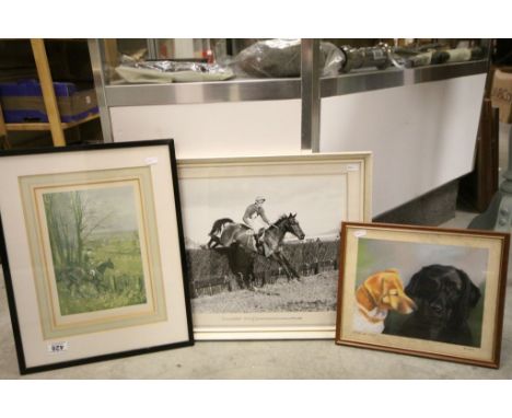Three framed & glazed prints to include one of Dogs by Tom Brooks