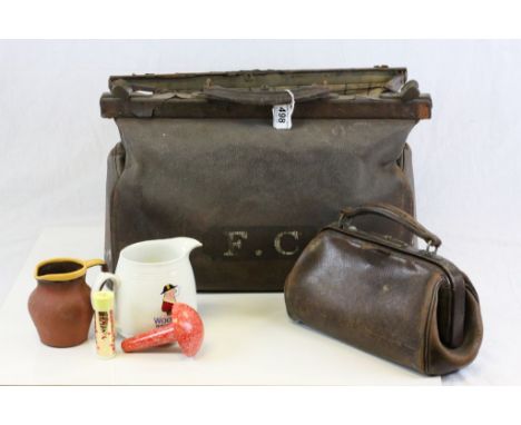 Large & small Leather Gladstone bags and a selection of vintage Silver plated cutlery etc