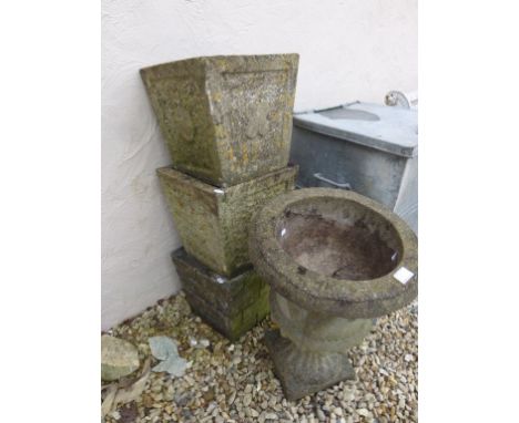 Reconstituted Stone Garden Urn Planter together with Three Square Planters