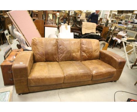 Three Seater Tan Leather Sofa with stitched detail