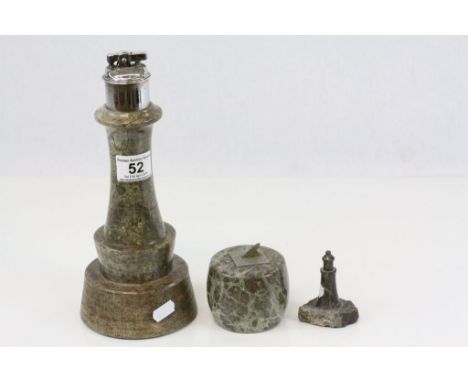 Serpentine stone lighter modelled as a Lighthouse, a serpentine Sundial and a small serpentine Lighthouse model