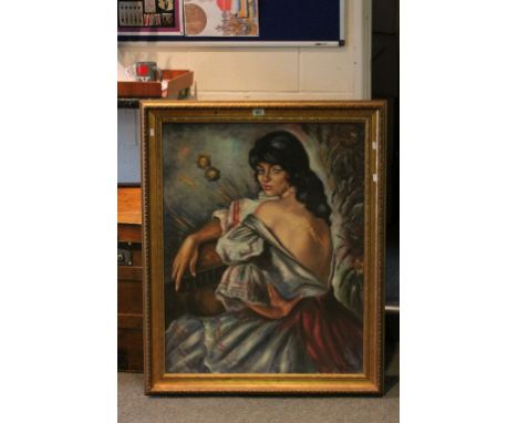 Spanish School, Mid 20th century Large Oil on Board Portrait of a Flamenco Dancer, indistinctly signed to bottom right, 90cms