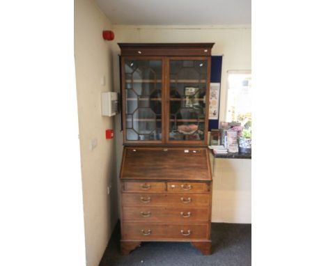 Georgian Mahogany Inlaid Bureau Bookcase, with twin astragel glazed doors above hinged drop front opening to reveal a fitted 