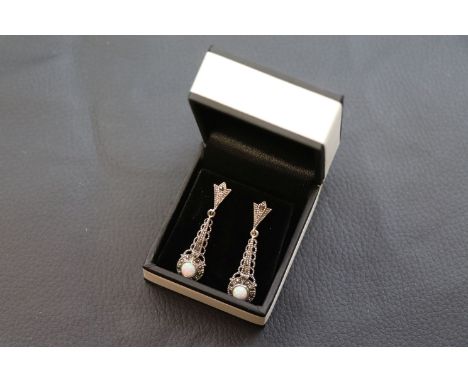 Pair of silver marcasite and opal art deco style drop earrings