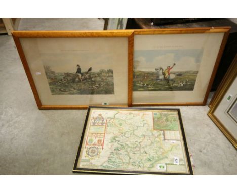 Antique Hand Coloured Book Plate Map of Shropshire, contained in a Hogarth Frame and Pair of Maple veneer framed & glazed Hun