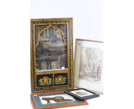 Asian wall Mirror with painted wooden frame, two framed & glazed pictures made from Pheasant feathers & a print