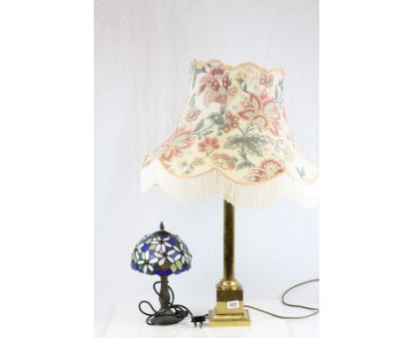 Large Brass Corinthian Column table lamp and another smaller lamp with Tiffany style glass shade