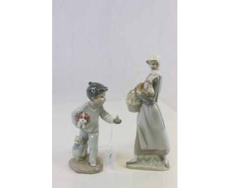 Lladro figurine of a Lady with a Chicken and basket & a Nao model of a Boy with candlestick 