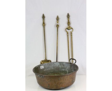 Large Copper pan and a set of three Brass Fire tools
