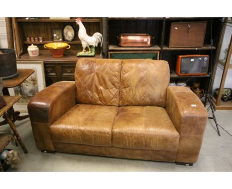 Two Seater Tan Leather Sofa with stitched detail