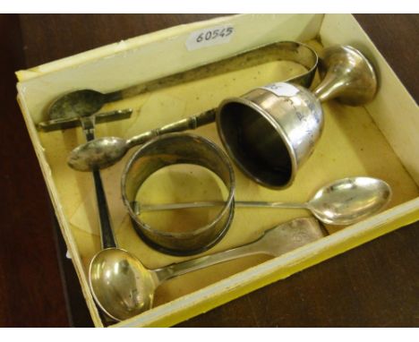 Small silver eggcup, napkin ring, silver spoons, etc., 3 oz and a pair of Oriental white metal sugar nips.