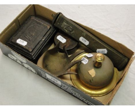 A brass desk bell, a Rietzichel camera, etc.