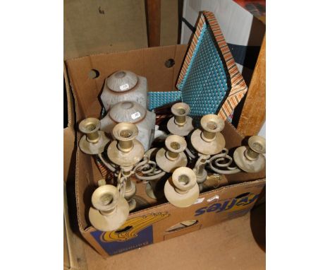 Pair of brass candelabra, lamp shades, etc.