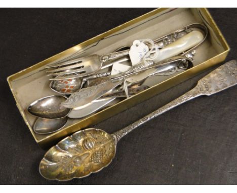 Victorian silver berry spoon, silver sugar tongs etc