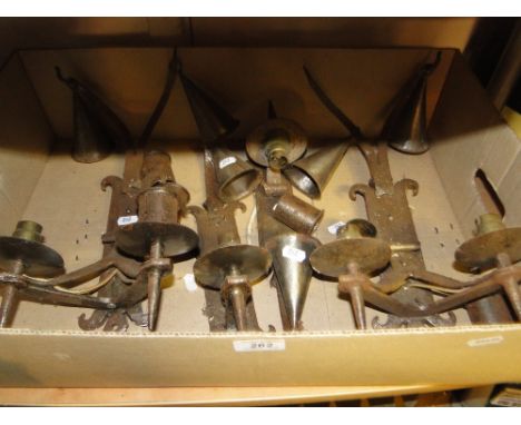 A pair of twin branch Gothic steel wall lights and matching single light fittings.
