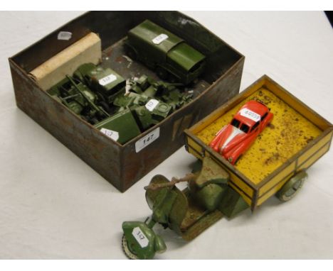 Dinky die-cast Army trucks and a tinplate motor scooter, etc.