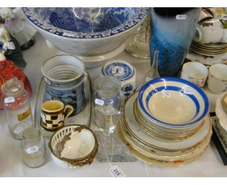 Glass scent bottle, spice jars, tall glass lamp, etc.