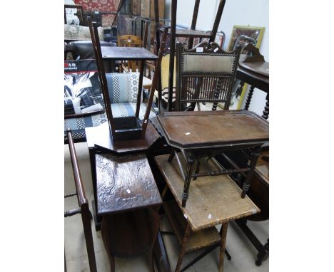 An Edwardian side chair, bamboo table, bed table, mahogany framed mirrors, bookcase, etc.