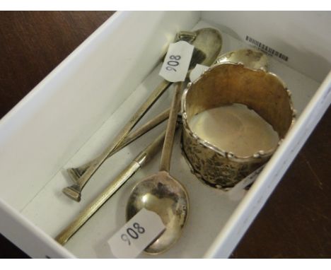 Engraved silver napkin ring, 3 silver teaspoons, etc