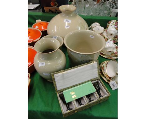 Denby Stoneware vases, etc., and a boxed set of jade goblets.