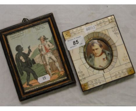 Portrait of Napoleon in ivory faced frame and a framed cartoon.