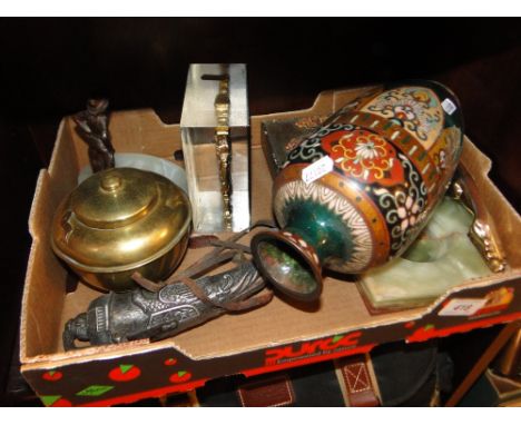 A Cloisonne vase, a flask, box, etc.