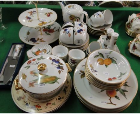 Royal Worcester "Evesham" pattern tea and dinnerware including cake stand and teapot.