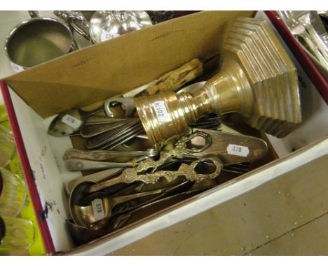 A plated candlestick, various cutlery, grape scissors, etc.