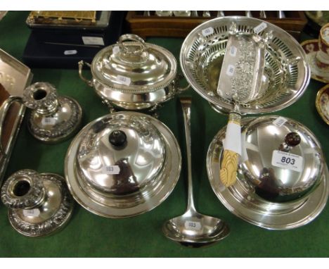 2 Silver plated muffin dishes and covers, a pierced fruit bowl, crumb tray, pair of candlesticks, ladle, etc.