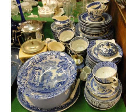 Spode Italian bowl, a biscuit jar, willow pattern dinnerware, etc.