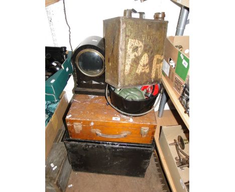 Tin trunk, 2 wooden cases, a clock case, petrol can, etc.